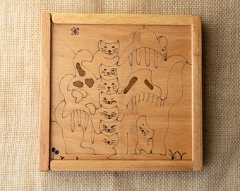 Wooden Animal Puzzle /Cute Cats/ Handmade/ Natural/ Finished with linseed oil / Unpainted/personalized puzzle/personalized animal puzzle