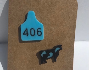 Cow tag and Cow stud earring set
