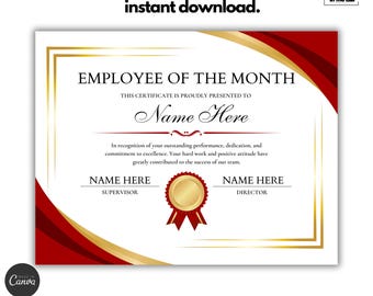 Employee of the Month Certificate Template: Editable Canva (Digital Download)