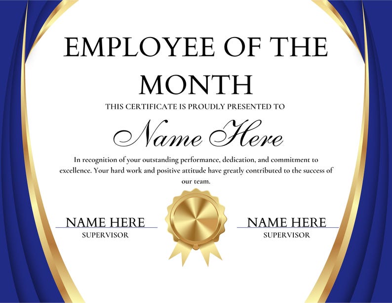 Editable Employee of the Month Certificate Template (digital Download ...