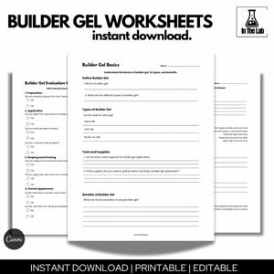 May include: Printable builder gel worksheets for nail technicians. The worksheets cover topics such as defining builder gel, types of builder gel, tools and supplies, and benefits of using builder gel.