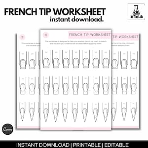 Pode incluir: Folha de trabalho imprimível com 18 contornos de diferentes formas de unhas para praticar manicures francesas. A folha de trabalho é intitulada "French Tip Worksheet" e inclui o texto "Download instantâneo | Imprimível | Editável".