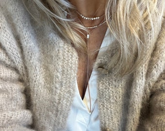Halsband, Damenhalskette, doppelt gedreht, facettierte Perlen aus 925er Silber, Seidenglied