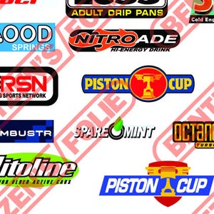 May include: A collection of colorful vintage-style stickers with various logos and text. The stickers feature phrases like "Bumper Save," "Fiber Fuel," "Nitroade," and "Shiny Wax." The overall theme suggests automotive or novelty products.