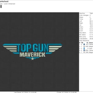 May include: A digital embroidery design for a "Top Gun: Maverick" logo. The design features a blue and white airplane wing with a star and the text "Top Gun: Maverick" in white.