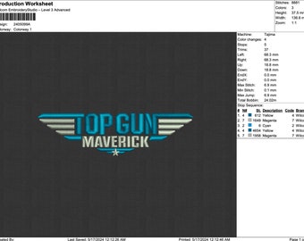 May include: A digital embroidery design for a "Top Gun: Maverick" logo. The design features a blue and white airplane wing with a star and the text "Top Gun: Maverick" in white.