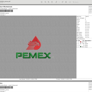 May include: A digital embroidery design file for a red and green logo with the text "PEMEX". The design is 6.3 cm high and 10.5 cm wide.