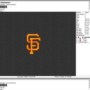 May include: A production worksheet for a design called "W26516A SF" in Colorway 1. The design is a stylized orange "SF" logo on a black background. The worksheet includes details about the design, such as the number of stitches, colors, height, width, and zoom.