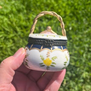 Vintage French Porcelain Trinket Box: Purse Shaped Floral Decor