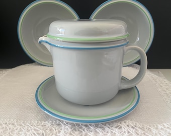 Vintage Thomas Germany Serving Set , Mid-Century German Porcelain Jug, Plate and 2 Deep Bowls,  Soft Grey-Blue Glaze with Blue & Green Trim