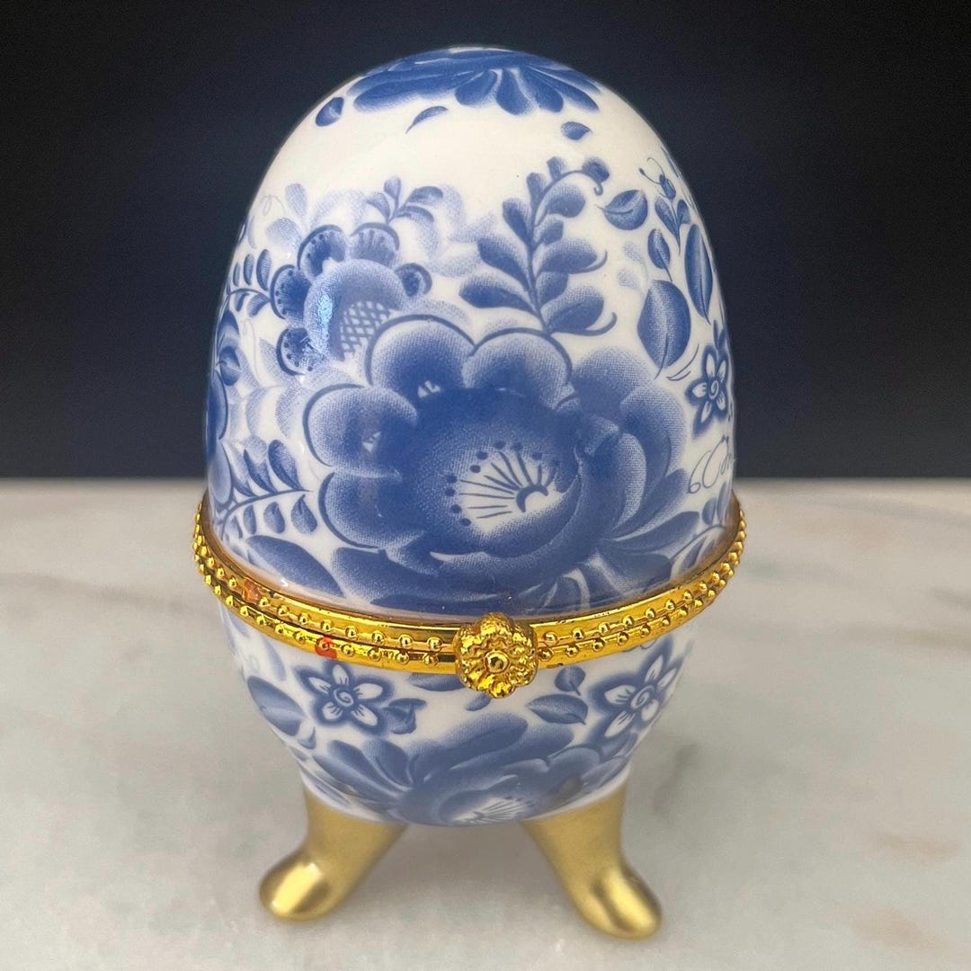 Vintage Egg Faberge Style, Beautiful Blue and White Porcelain Egg ...