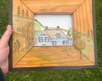 Peinture vintage de 1994, style naïf, sur bois, représentant un paysage champêtre. Œuvre d'art originale en 3D, inspirée de la décoration intérieure australienne.
