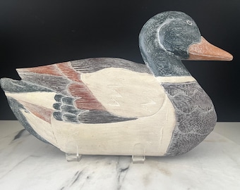Vintage Silhouette Duck Decoy Wall Art,  33cm Mallard Profile Plaque, Lime Washed Carved Wood Hanging, Rustic Lodge Cabin Decor