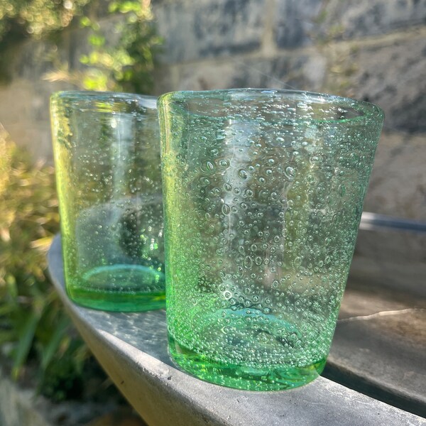 Vintage Green Bubble Glass Tumblers,  Handblown  Green Glass Whiskey Tumblers, Bubble Glass Vintage Barware Gift