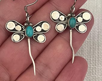 Boucles d'oreilles vintage en argent sterling 925 avec pierre bleue (turquoise ?) libellule, boucles d'oreilles pendantes de style sud-ouest, bijoux fantaisie Boho Y2k