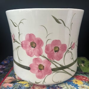May include: A white ceramic plant pot with a hand-painted floral design. The pot features large pink flowers with green stems and leaves. The design is set against a white background.