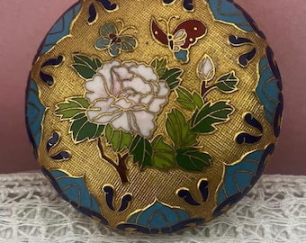 Boîte à bijoux chinoise vintage en émail cloisonné, pot à bijoux décoratif en laiton, plat souvenir à motif floral pivoine et papillon, décoration de coiffeuse orientale