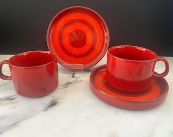 Paire de tasses à café Melitta Ceracron vintage, poterie ouest-allemande, vaisselle rouge coquelicot des années 1970, service à café moderne du milieu du siècle