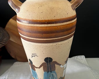 Large 28cm Vintage Mexican Tonalá Stoneware Vase,  Hand-Painted Family Motif Folk Art Pottery,  Mid Century Boho Studio Ceramic Centerpiece