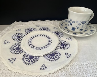 Vintage Linen Coaster Set with Matching Doily ( 7 pieces), Blue Embroidered Table Linen, Cottagecore Decor, Floral Linen Mats, New Old Stock
