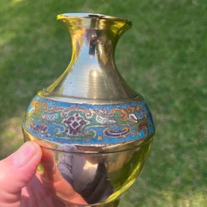 Beautiful Vintage  Brass Vase with Cloissone Band, Brass Art  Decor Vase, Hollywood Regency Style Brass Accent,  Home Decor Unique Gift
