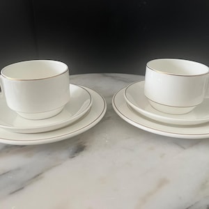Vintage Wedgwood Trios (2) Wedgewood ‘Metallised’ Bone China Cups, Saucers , Plates ( 6pcs) in White with Gold Trim, High Tea Table GIFT