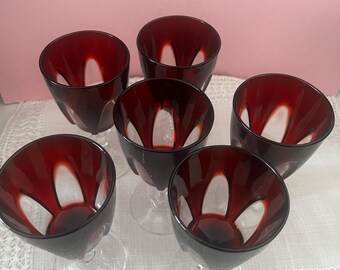 Verres à vin vintage Cristal d'Arques Gothic Ruby Red, lot de 6 verres à liqueur en cristal taillé français, 13 cm, Durand Luminarc MCM
