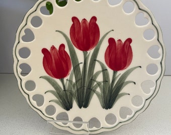 Vintage Delft Blue Wall Plate, Handpainted Lace Plate with Red Tulips, Tulip Plate, Tulip Wall Art,  Beautiful  Wall Decor Gift