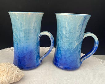 Handmade Crystalline Glaze Mugs by David Williams , Set of 2 Blue Ombre Flared Ceramic Coffee Cups, Ocean Gradient Pottery, Unique Gift