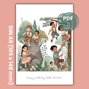 Klimkinderen | Gefeliciteerd verjaardagskaart | Klimmer Boulder Kinderen | Kinderklimkunst | DIN A6 digitale downloadafdruk | Natuur