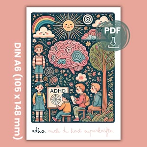 Cartão de criança em idade escolar TDAH DIN A6 | Imprimir Download Digital | Diagnóstico com humor | Neurodiverso | Neuroplasticidade | Saúde cerebral | Mentalmente