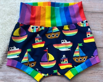 Rainbow boats cuffed shorts, bummie shorts, baby to children’s sizes, comfortable summer shorts