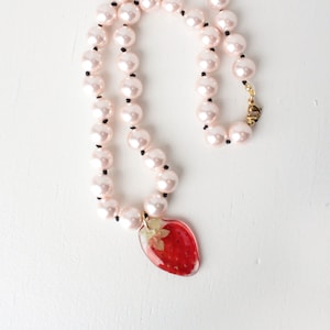 STRAWBERRY YOGURT necklace, Glass pink pearls choker, Real pressed strawberry necklace, Black silk string necklace, Pink jewellery, Unisex image 1