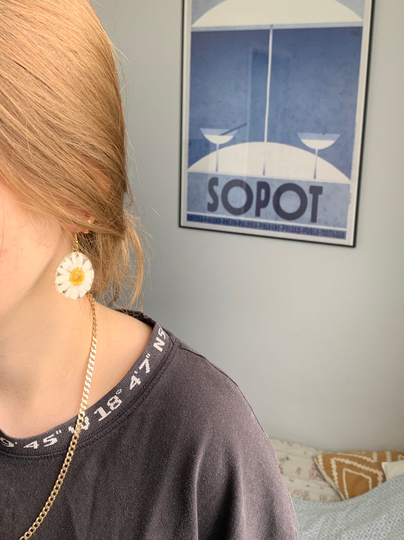 Handmade daisy earrings, Dried daisy dangle earrings, Pressed flower earrings, Spring earrings, Daisy hoop earrings, Earrings Gold Plating image 7