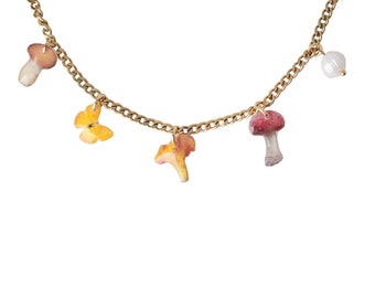 Mushroom necklace, Colorful mushrooms jewelry, Gold hypoallergenic chain, Necklace with charms, Yellow butterfly, Unusual gift for women