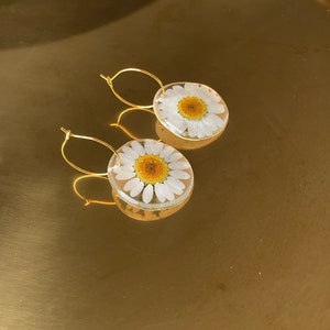 Handmade daisy earrings, Dried daisy dangle earrings, Pressed flower earrings, Spring earrings, Daisy hoop earrings, Earrings Gold Plating image 5