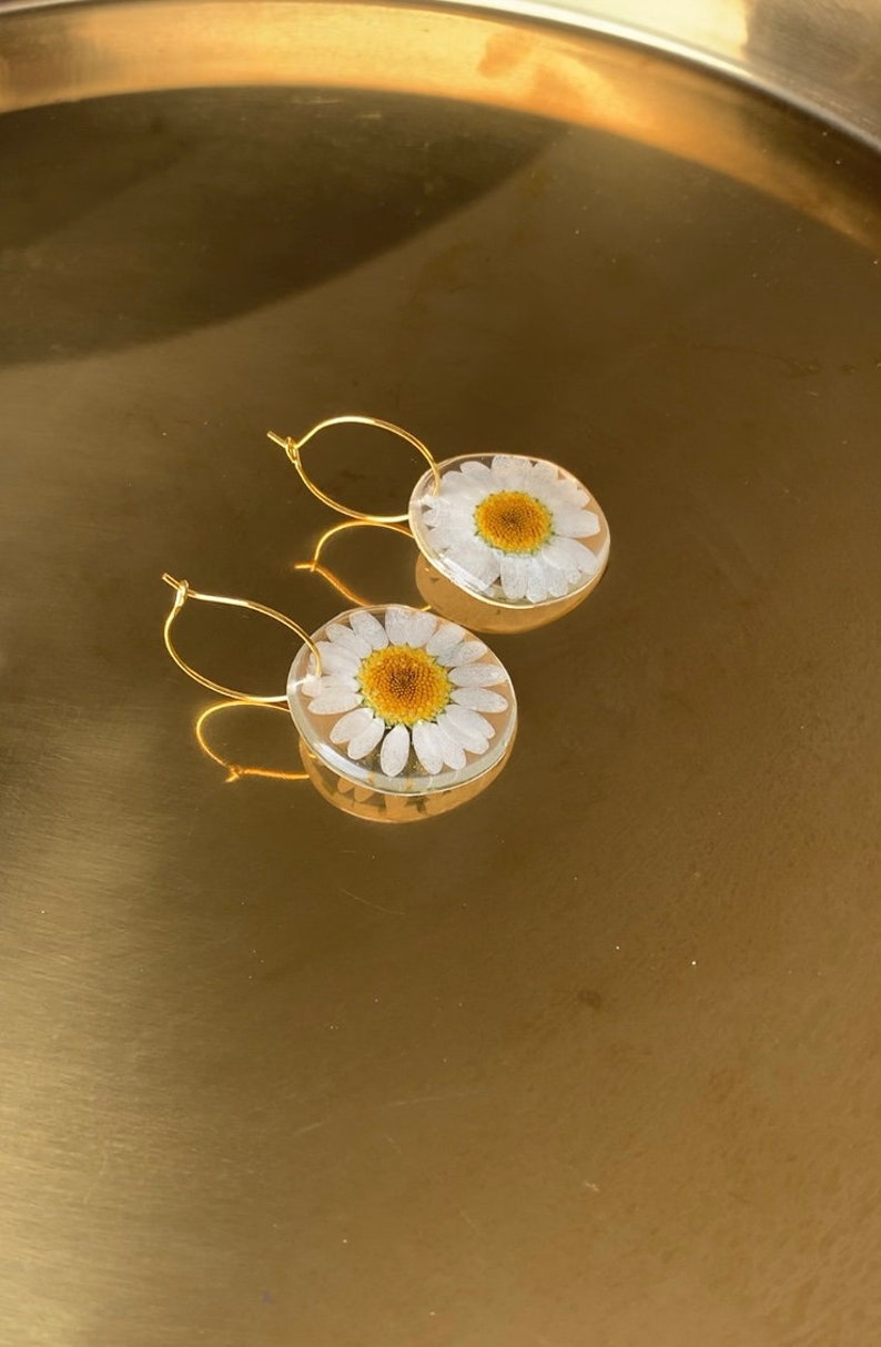 Handmade daisy earrings, Dried daisy dangle earrings, Pressed flower earrings, Spring earrings, Daisy hoop earrings, Earrings Gold Plating image 5