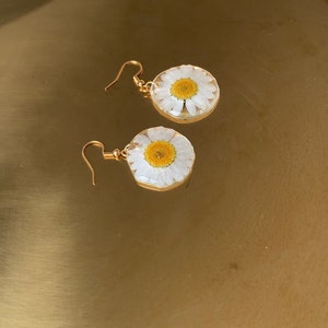 Handmade daisy earrings, Dried daisy dangle earrings, Pressed flower earrings, Spring earrings, Daisy hoop earrings, Earrings Gold Plating image 3