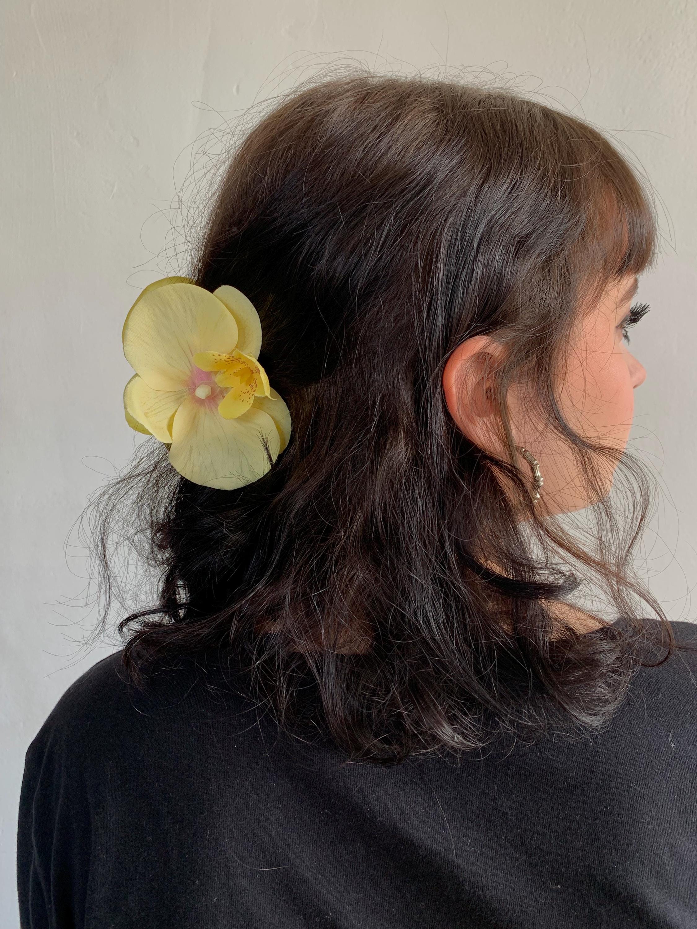 Handmade Real Yellow Orchid Hair Clip -  Floral Accent Polynesian Orchid Hair Clip: Tahitian Costume, Tropical  main image 4