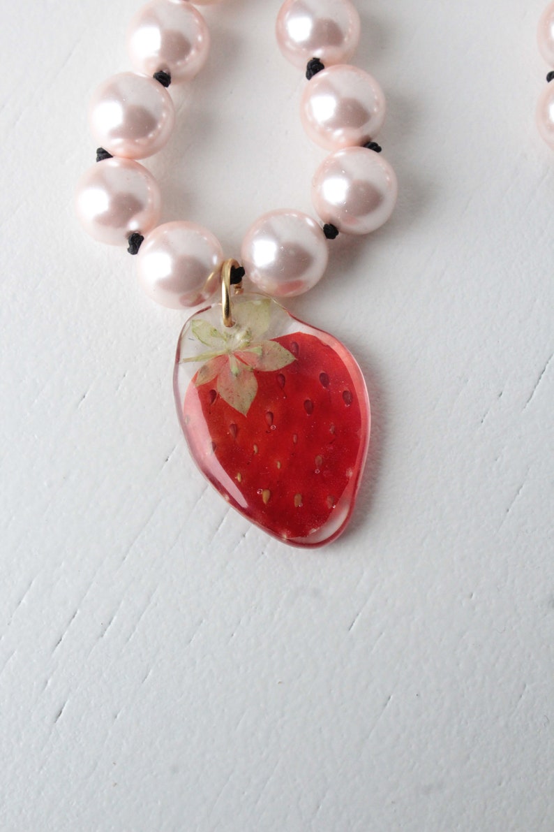 STRAWBERRY YOGURT necklace, Glass pink pearls choker, Real pressed strawberry necklace, Black silk string necklace, Pink jewellery, Unisex image 8