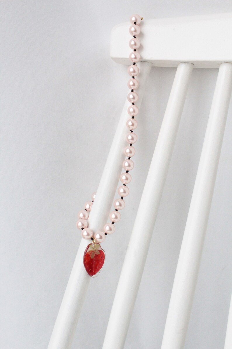 STRAWBERRY YOGURT necklace, Glass pink pearls choker, Real pressed strawberry necklace, Black silk string necklace, Pink jewellery, Unisex image 5