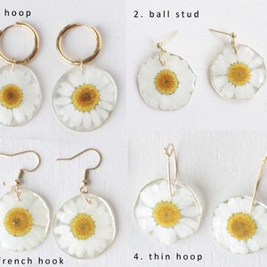 Handmade daisy earrings, Dried daisy dangle earrings, Pressed flower earrings, Spring earrings, Daisy hoop earrings, Earrings Gold Plating image 8