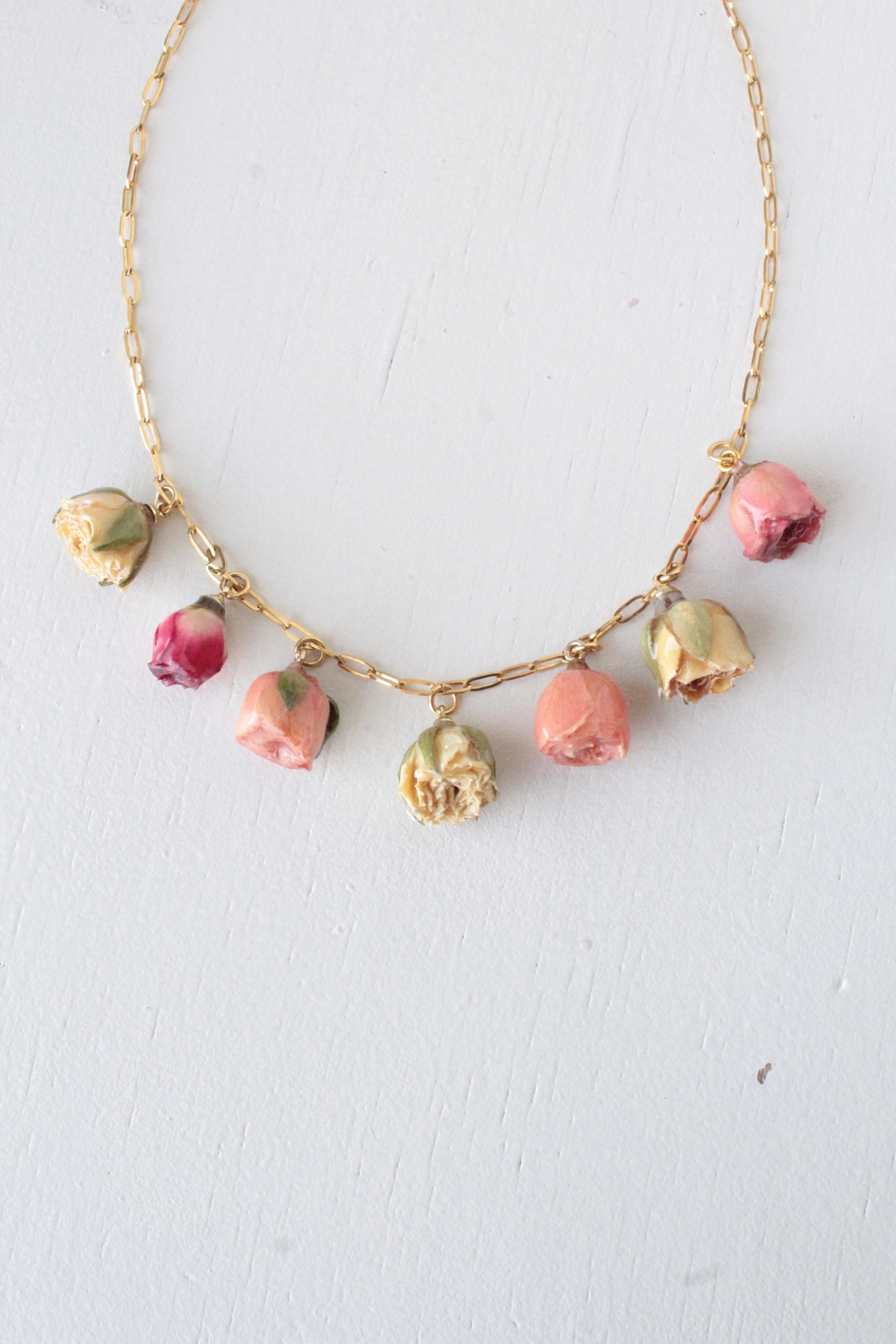 Real Rosebud Necklace | Preserved Rose Pendant Necklace | Dried Flower Jewelry | Handmade Resin Flower Necklace | Romantic Gift for Her