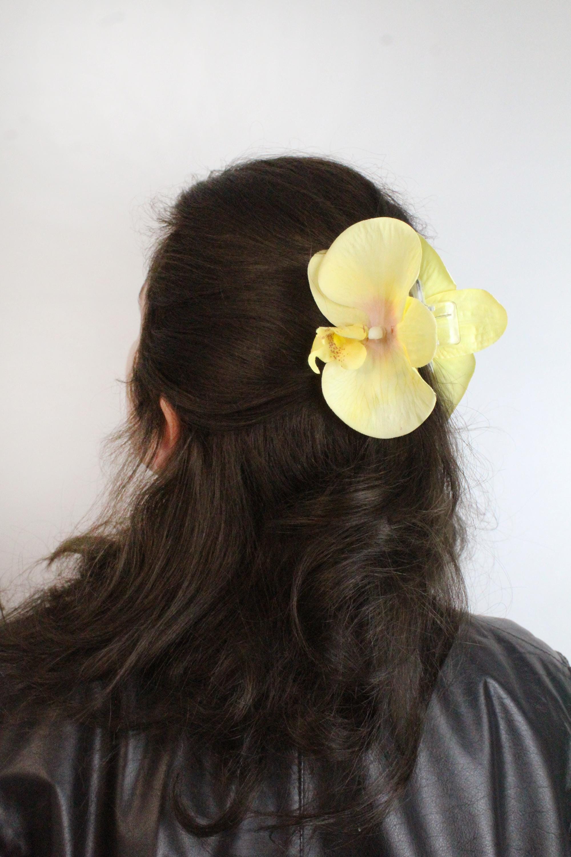 Handmade Real Yellow Orchid Hair Clip -  Floral Accent Handmade Yellow Orchid Hair Clip, Floral Barrette, Delicate  main image 2