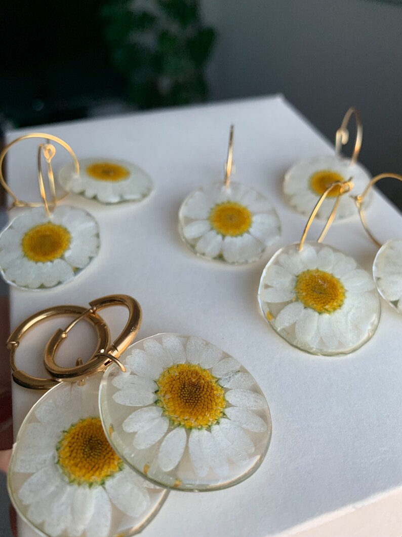 Handmade daisy earrings, Dried daisy dangle earrings, Pressed flower earrings, Spring earrings, Daisy hoop earrings, Earrings Gold Plating image 6