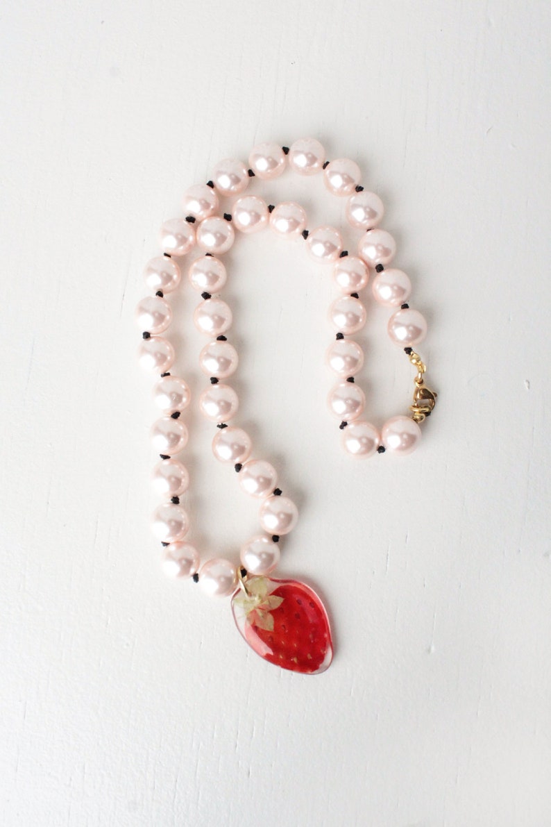 STRAWBERRY YOGURT necklace, Glass pink pearls choker, Real pressed strawberry necklace, Black silk string necklace, Pink jewellery, Unisex image 1