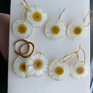 Handmade daisy earrings, Dried daisy dangle earrings, Pressed flower earrings, Spring earrings, Daisy hoop earrings, Earrings Gold Plating image 4