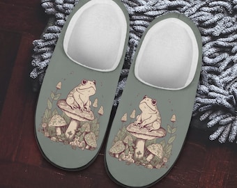 Retro Frog on a Mushroom Slippers, House Slippers, Women's Slippers, Men's Slippers, best gift, best holiday gifts