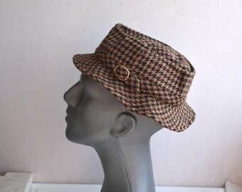 Vintage Kopfe Men's Bucket Hat Size 54 Houndstooth Brown Beige Wool Fedora Germany European MCM Fashion Mens Accessory