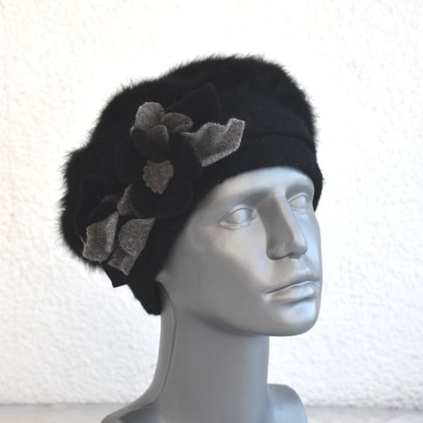 Vintage Black Gray Flower Angora Wool Knit Women's Pillbox Beret Hat Fall Winter Elegant Retro Womenswear Crochet MCM European Fashion